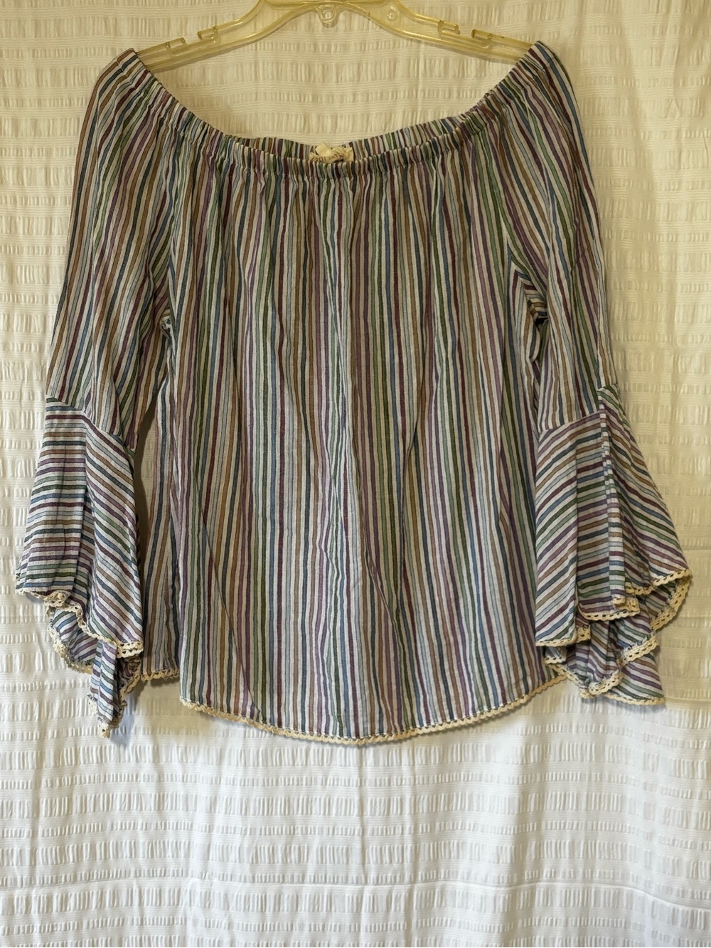 Solitaire Off Shoulder Striped Bell Sleeve Cotton Top Sz Large - Picture 2 of 8